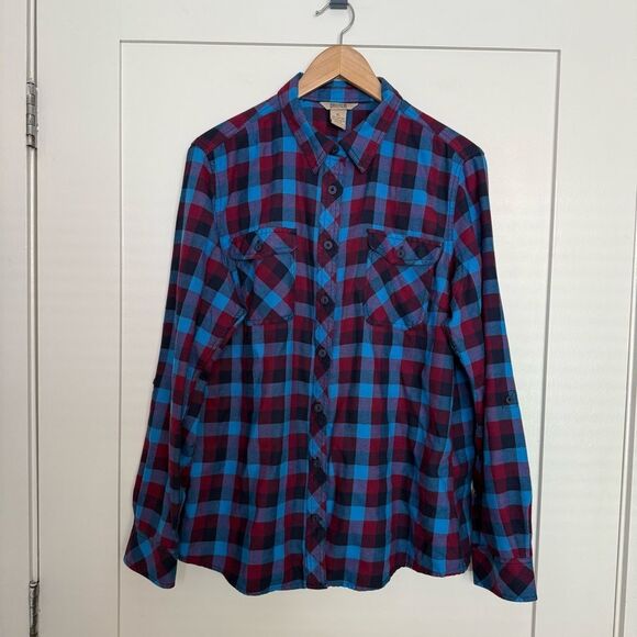Duluth Trading Co Flannel Shirt Womens Sz XL Red Blue Plaid Button Up Outdoor - Picture 1 of 12
